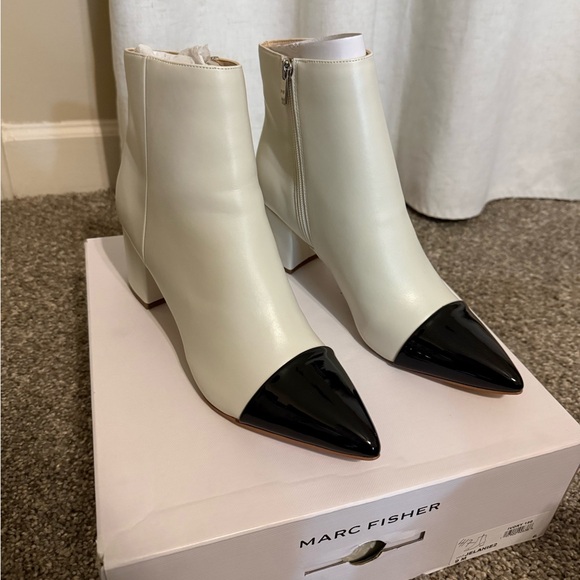 White Ankle Boot with Black Cap Toe - Picture 2 of 6